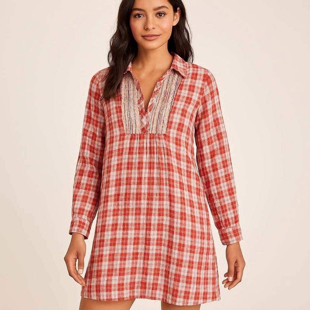 Entro Women's Small Shift Dress In Red and White Plaid M Pockets Long Sleeve